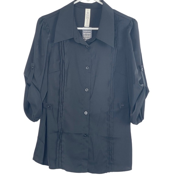 Blooming Jelly Tops - 00751 Blooming Jelly Black Button Up Pleated Puff Sleeve Top Shirt Womens Size M
